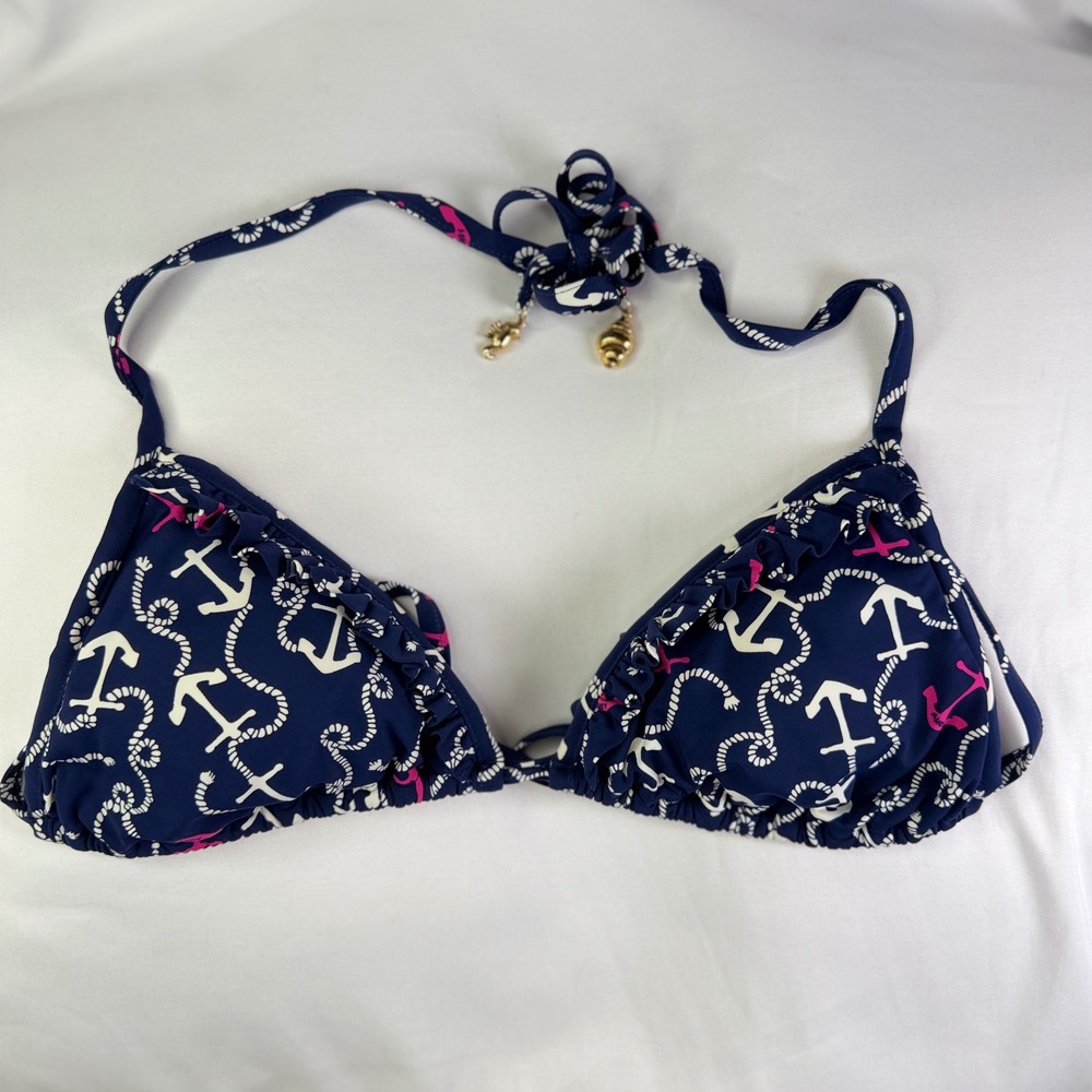 Lilly Pulitzer Bikini Top Womens Small Navy Blue Anchor Print Ruffle Charm